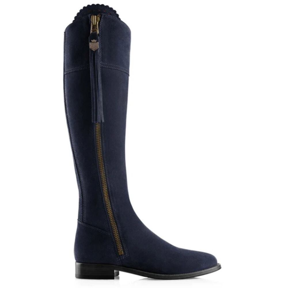 Fairfax & Favor Womens Regina Boot US 7 Wide EU 38 Navy Blue Suede Knee-High NIB
